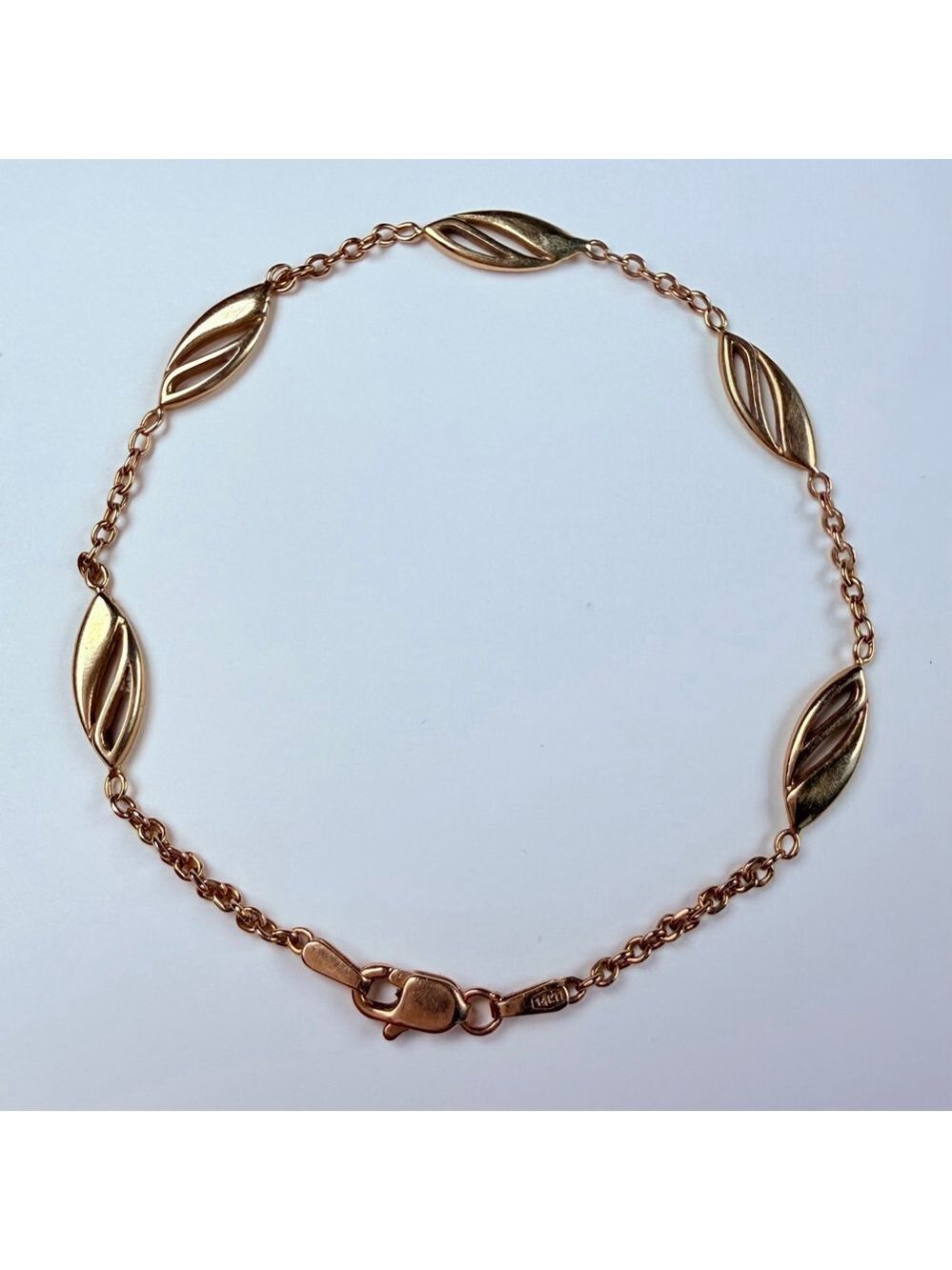 14K Solid Yellow Gold Lunaria Leaf Petal Station Chain Vintage Bracelet Italy